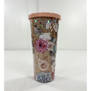 Floral Gold Glitter Tumbler 24 Oz Insulated Travel Cup Pink Peony Succulent